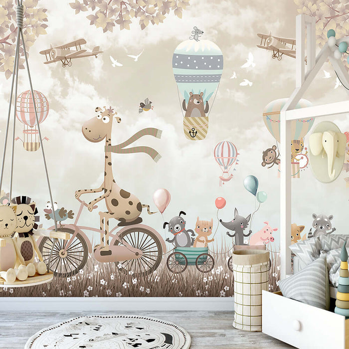 Childhood Fun Forest Landscape Wallpaper | Children's Room Decorative Mural — whimsical animal parade, hot air balloon adventure, forest backdrop for a fairy-tale playroom