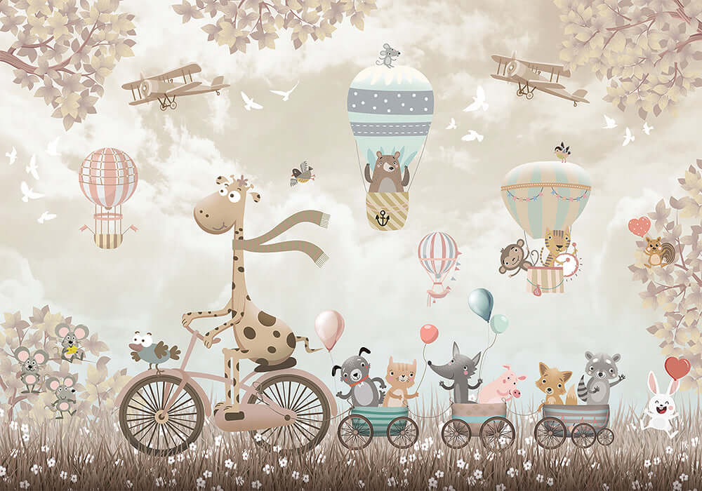 Childhood Fun Forest Landscape Wallpaper | Children's Room Decorative Mural - whimsical animal parade with giraffe on bike and hot air balloons in a forest childlike scene