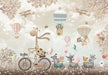 Childhood Fun Forest Landscape Wallpaper | Children's Room Decorative Mural - whimsical animal parade with giraffe on bike and hot air balloons in a forest childlike scene