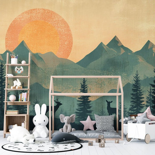 Childhood Fun Forest Wallpaper Mural | Sunrise on Deer - Carving wallpaper