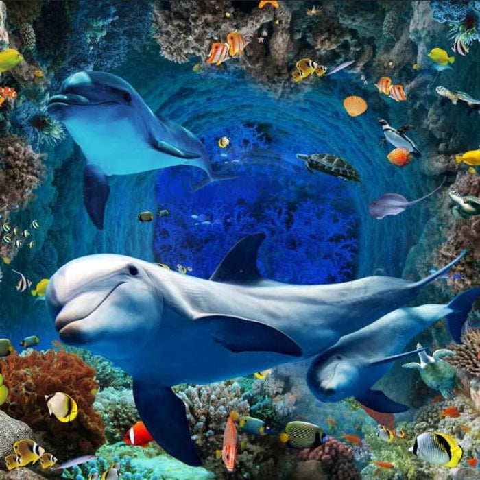 Underwater World Wallpaper Mural – Vibrant Ocean Theme with Dolphins & Coral for Kids' Room Decor