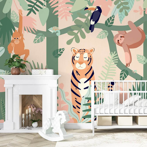 Childish Jungle Animal Wallpaper Mural | Children's Room Bedroom Decoration featuring playful pink-green jungle with tiger, monkey, parrot—perfect kids' room decor