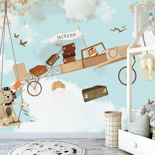 Children's Airplane Wallpaper Mural | Cute and Fun Airplane Embarks on a Dream Journey - Carving wallpaper