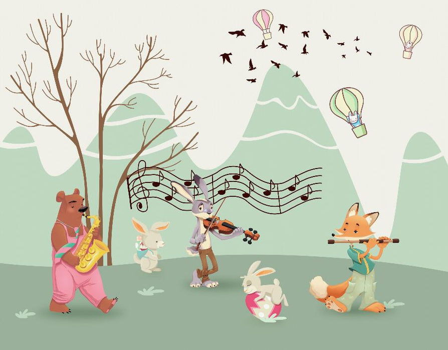 Children's animal music mural wallpaper | Cute pet performance creates a joyful atmosphere - Carving wallpaper