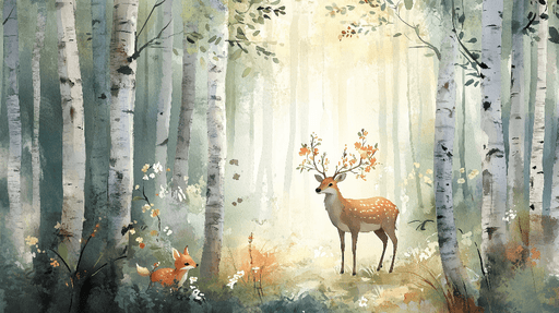 Children's bedroom wallpaper | Deer and deer in the magical forest - Carving wallpaper