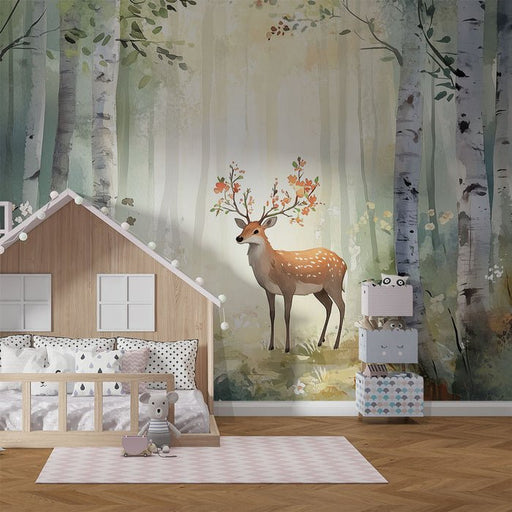 Children's bedroom wallpaper | Deer and deer in the magical forest - Carving wallpaper