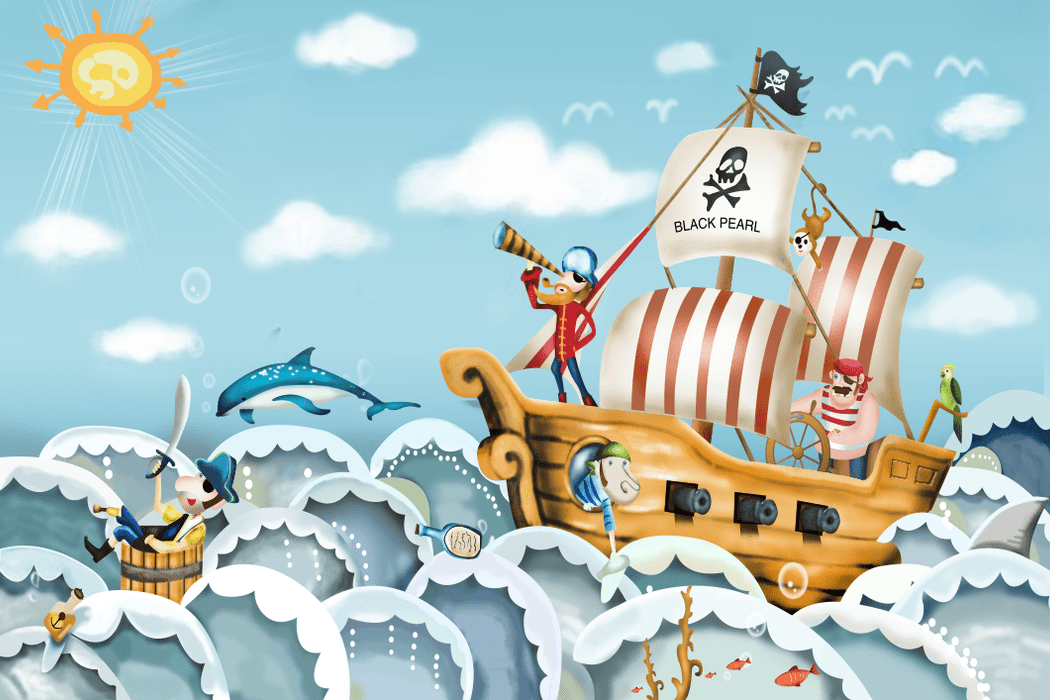 Children's bedroom wallpaper mural | Pirate ship - Carving wallpaper
