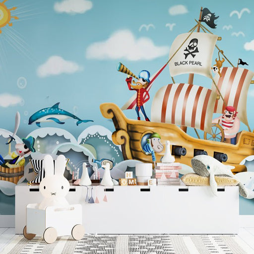 Children's bedroom wallpaper mural | Pirate ship - Carving wallpaper