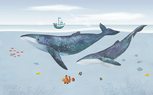 Children's bedroom wallpaper mural | Whales and the Ocean - Carving wallpaper