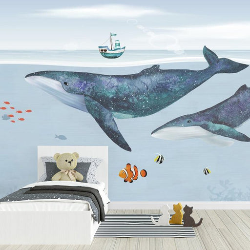 Children's bedroom wallpaper mural | Whales and the Ocean - Carving wallpaper