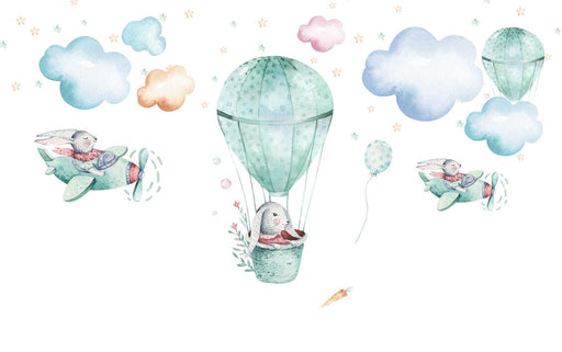 Children's hot air balloon wallpaper mural | Cute little animals sitting in hot air balloons and small planes - Carving wallpaper