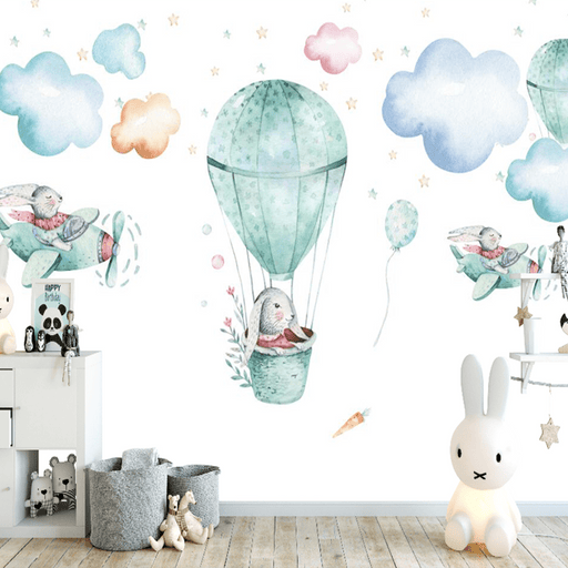 Children's hot air balloon wallpaper mural | Cute little animals sitting in hot air balloons and small planes - Carving wallpaper