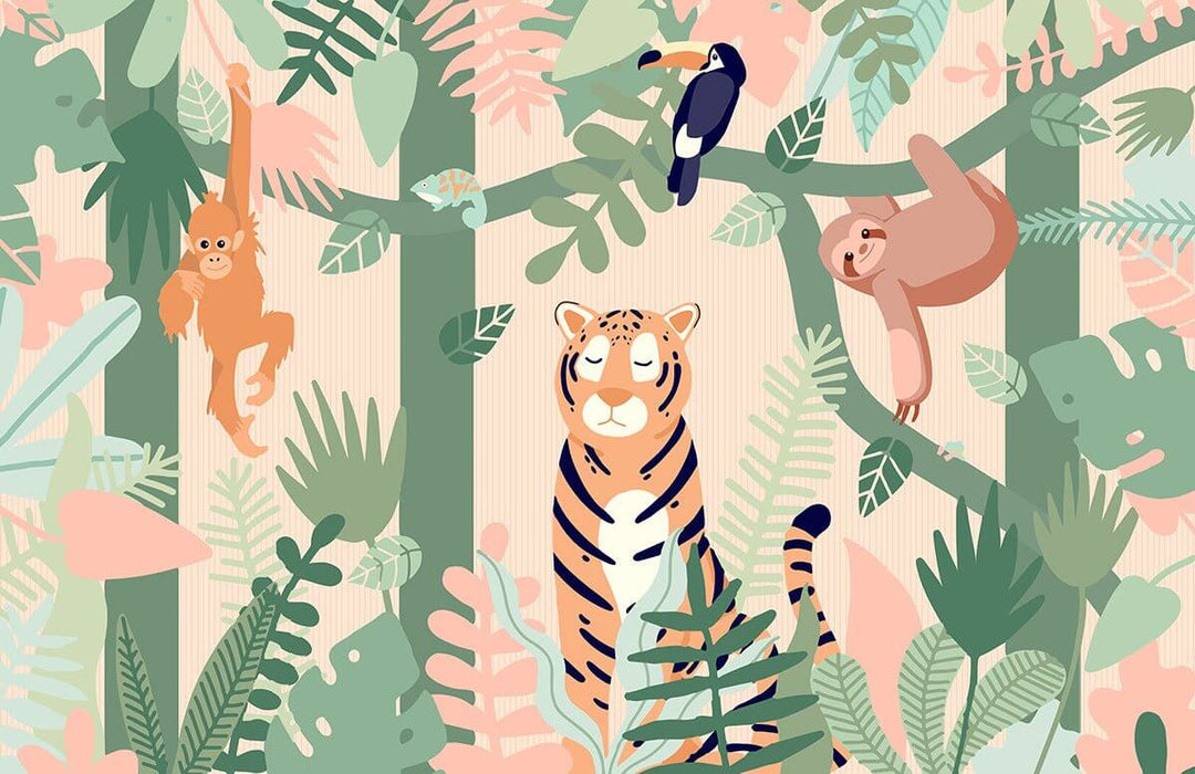 Childish Jungle Animal Wallpaper Mural | Children's Room Bedroom Decoration - Playful tropical jungle scene with tiger, monkeys, toucan and lush pink-green foliage for kids' room charm