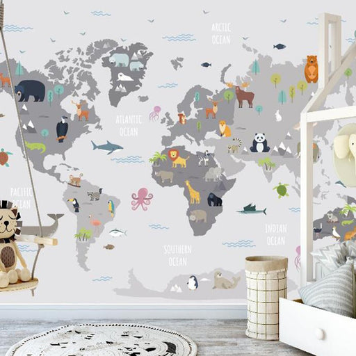 Children's map wallpaper mural | Animal map brings fun exploration - Carving wallpaper