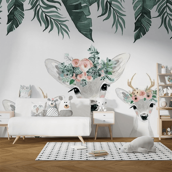 Children's room wallpaper deer crown and flower crown - Carving wallpaper
