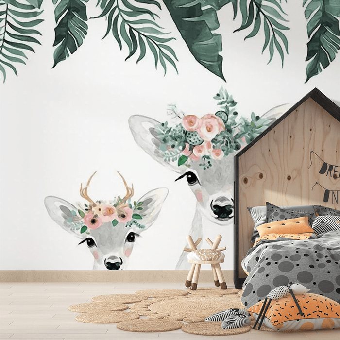 Children's room wallpaper deer crown and flower crown - Carving wallpaper