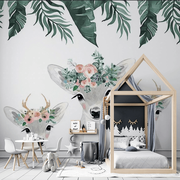 Children's room wallpaper deer crown and flower crown - Carving wallpaper