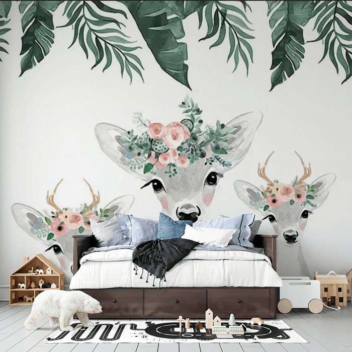 Children's room wallpaper deer crown and flower crown - Carving wallpaper