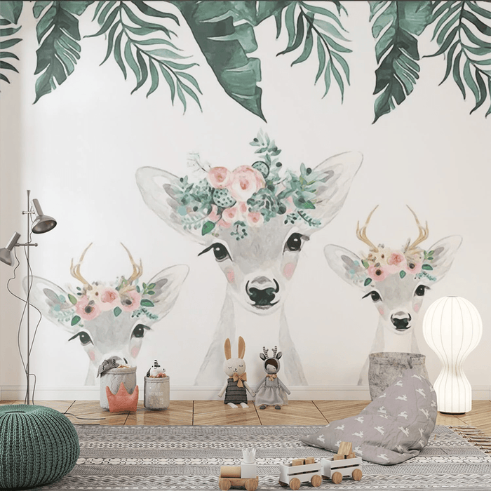 Children's room wallpaper deer crown and flower crown - Carving wallpaper