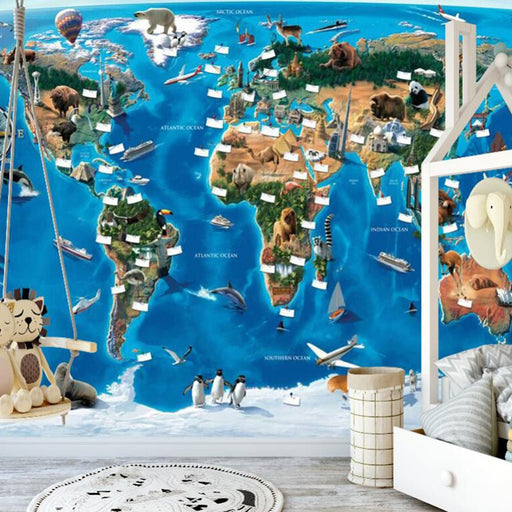 Children's World Map Wallpaper Mural|Cartoon Animal Wallpaper - Carving wallpaper