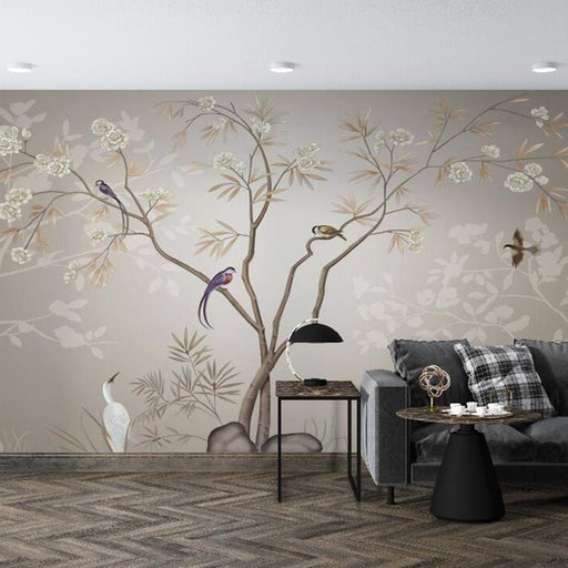 Chinese flower and bird mural wallpaper | Elegant tree scenery paired with lively flying birds - Carving wallpaper