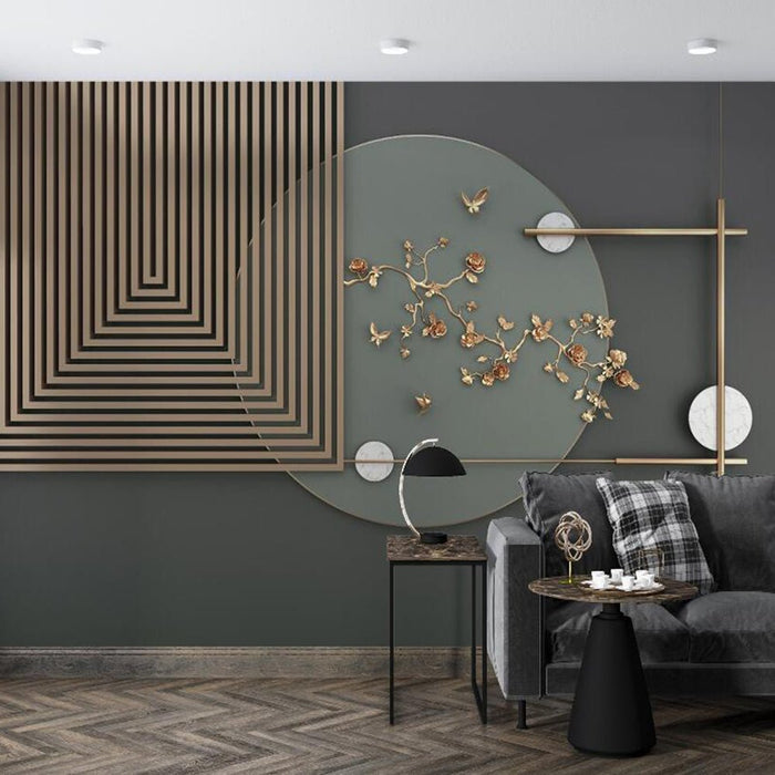Chinese geometric wallpaper mural | Geometric lines paired with metal flowers - Carving wallpaper