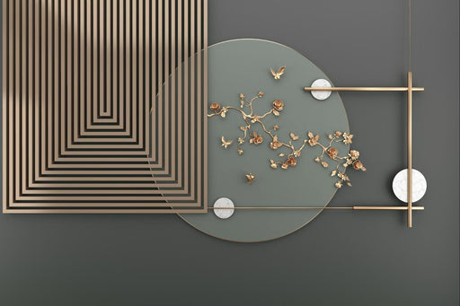 Chinese geometric wallpaper mural | Geometric lines paired with metal flowers - Carving wallpaper