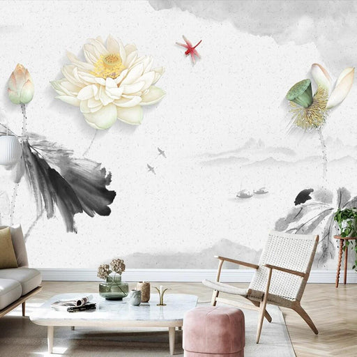 Chinese Ink Wash Lotus & Dragonfly Wallpaper Mural - Zen Serenity for Bedroom & Living Room