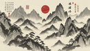 Chinese landscape ink painting wallpaper mural | Red Sun Mountain Range - Carving wallpaper