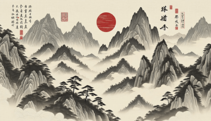 Chinese landscape ink painting wallpaper mural | Red Sun Mountain Range - Carving wallpaper