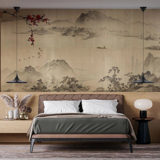 Chinese landscape mural wallpaper | Ink wash landscape wallpaper - Carving wallpaper