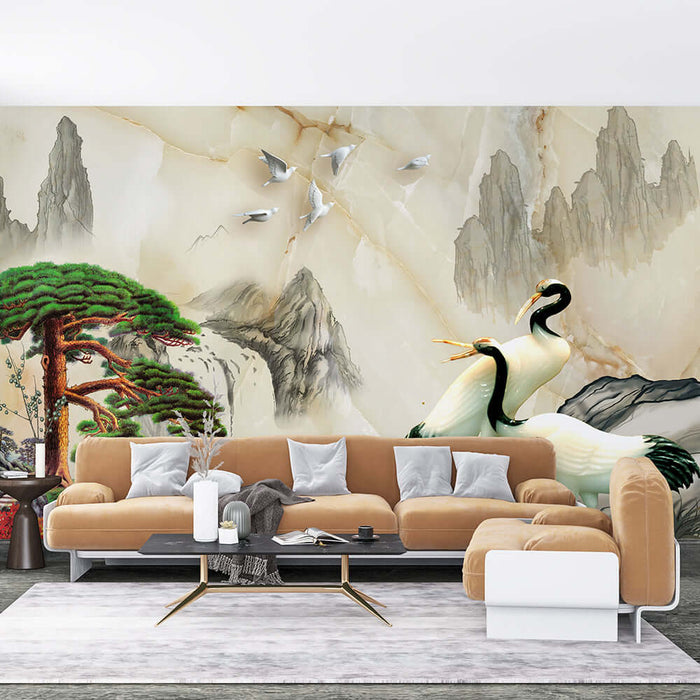 Chinese landscape pine crane wallpaper mural | living room entrance grand decorative wall