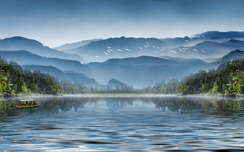 Chinese landscape wallpaper mural | Mountains, lakes, white egrets soaring - Carving wallpaper