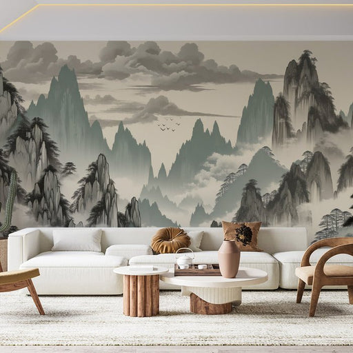 Chinese landscape wallpaper mural | Pine trees, mountains, flying birds - Carving wallpaper