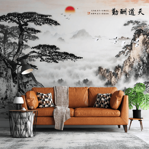 Chinese landscape wallpaper mural | Red sun hanging high, waterfall - Carving wallpaper