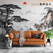 Chinese landscape wallpaper mural | Red sun hanging high, waterfall - Carving wallpaper