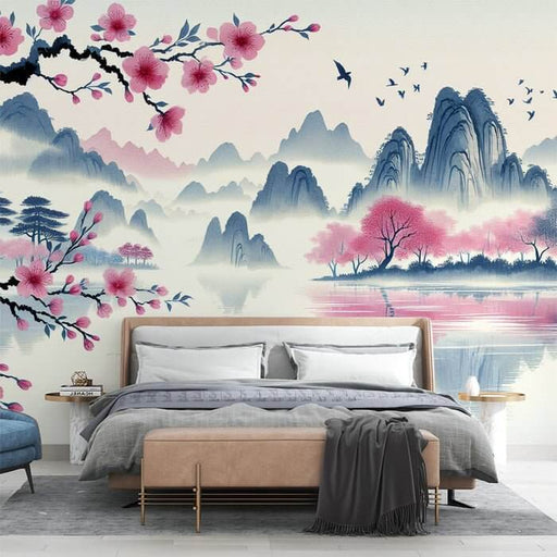 Chinese Landscape Wallpaper – Peach Blossom & Misty Mountains – Ink Wash Art Mural (HD)