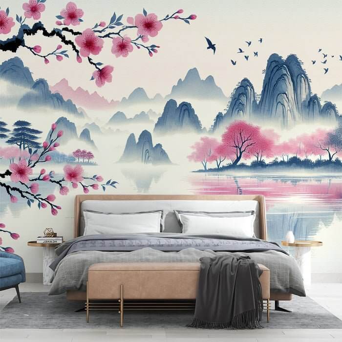 Chinese Landscape Wallpaper – Peach Blossom & Misty Mountains – Ink Wash Art Mural (HD)