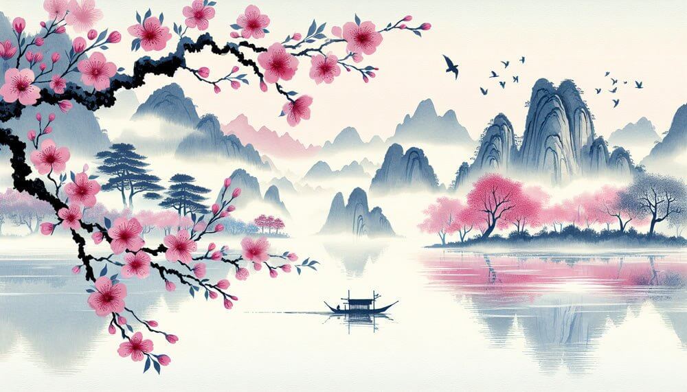 Chinese Landscape Wallpaper – Peach Blossom & Misty Mountains – Ink Wash Art Mural (HD)