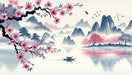 Chinese Landscape Wallpaper – Peach Blossom & Misty Mountains – Ink Wash Art Mural (HD)