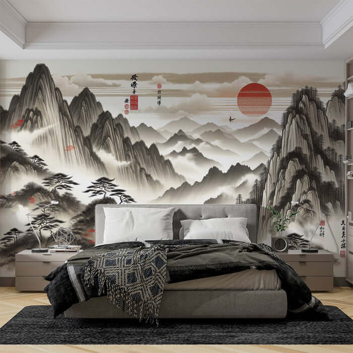 Chinese landscape red sun wallpaper | Living room and study decorative wall with artistic conception showcases ink wash mountains, red sun, and flying birds for an elegant Eastern mood