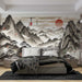 Chinese landscape red sun wallpaper | Living room and study decorative wall with artistic conception showcases ink wash mountains, red sun, and flying birds for an elegant Eastern mood