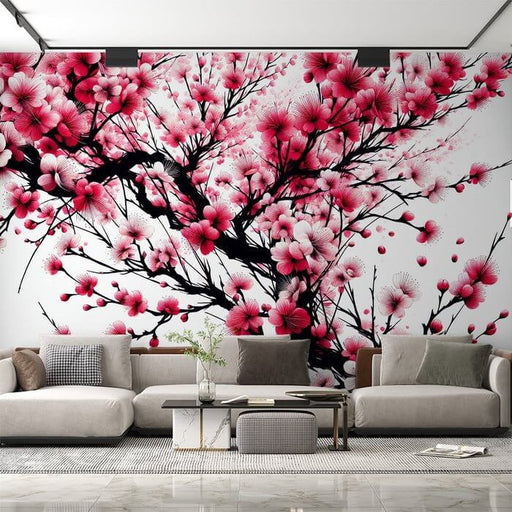 Chinese Pink Plum Blossom Wallpaper Mural - Elegant Floral Design with Black Branches in a living room setting