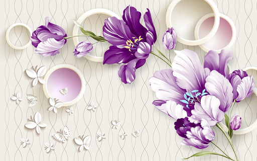 Circular Mural Wallpaper | Purple and White Tulip with Circular Ring - Carving wallpaper