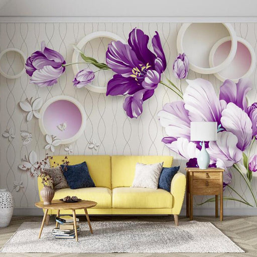 Circular Mural Wallpaper | Purple and White Tulip with Circular Ring - Carving wallpaper