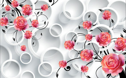 Circular Rose Mural | Pink Rose with Circular Wallpaper - Carving wallpaper