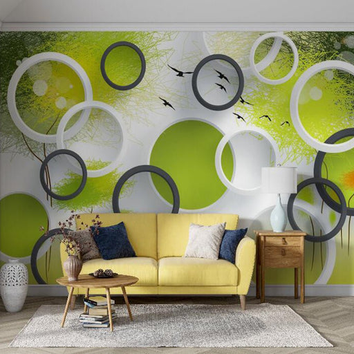 Circular Wallpaper Mural | Green Tuned Circular Bird Abstract Art Wallpaper - Carving wallpaper