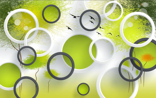 Circular Wallpaper Mural | Green Tuned Circular Bird Abstract Art Wallpaper - Carving wallpaper
