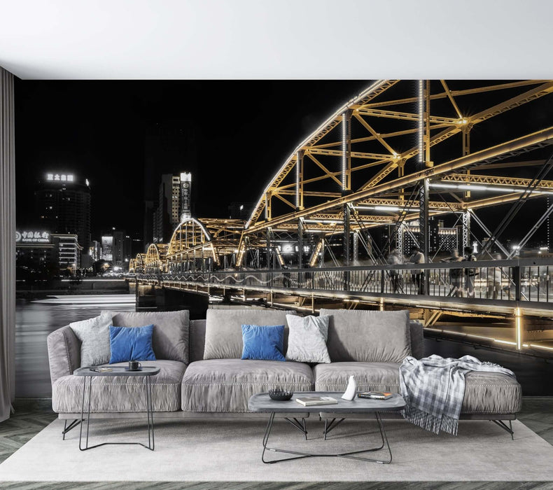 City Night Scene Bridge Wallpaper Mural | City Night Scene Bridge Wallpaper - urban nighttime bridge cityscape mural over living room sofa
