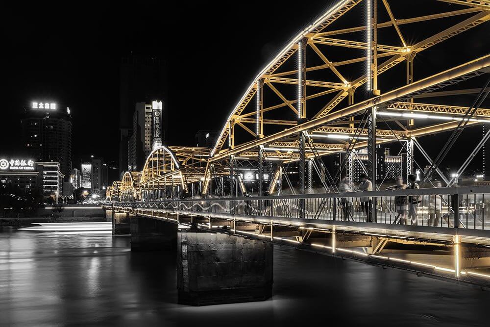 City Night Scene Bridge Wallpaper Mural | City Night Scene Bridge Wallpaper with urban night view, yellow-lit bridge and modern cityscape